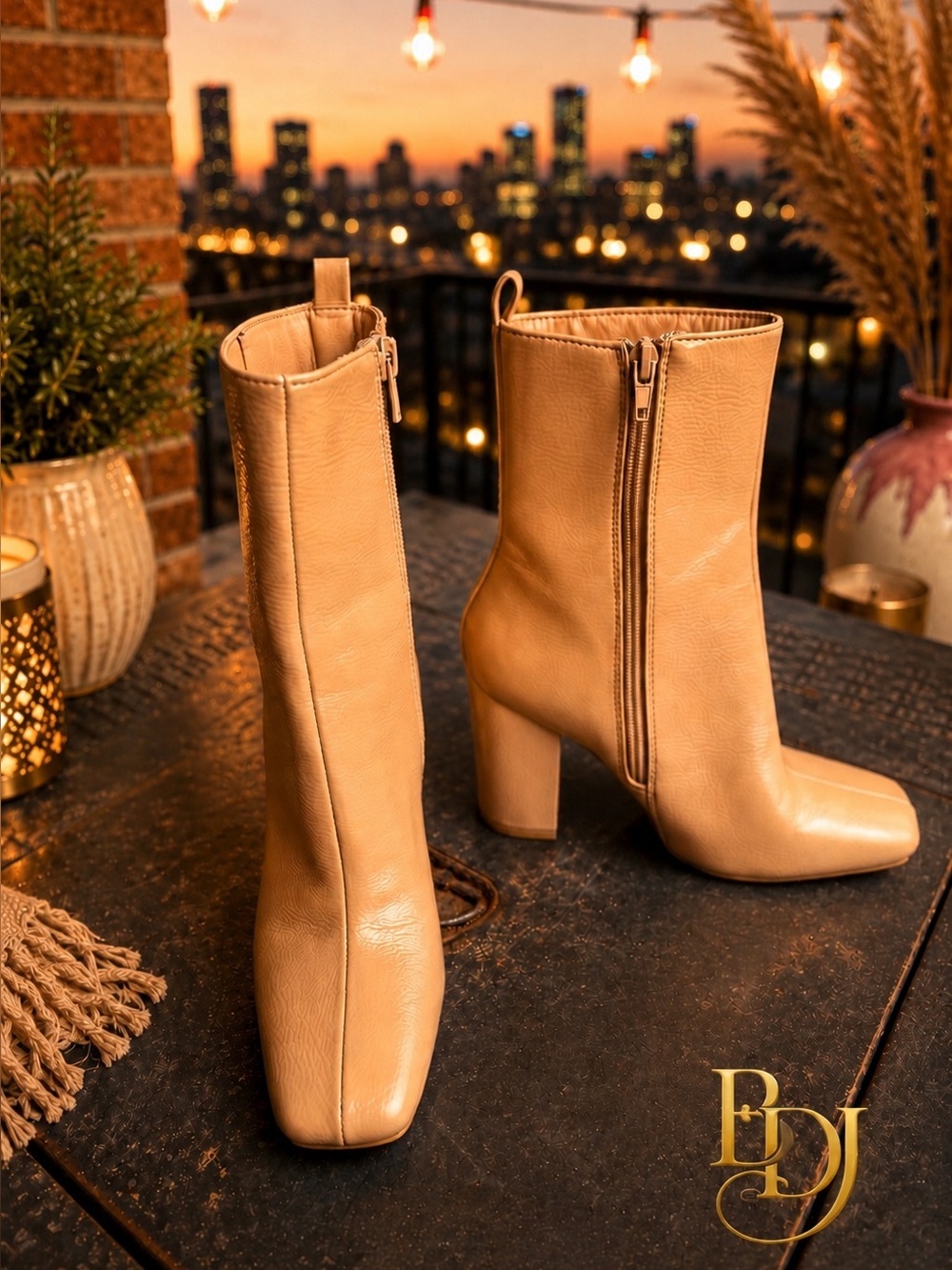 Patent Nude Tan Beige Block Heel Boots | Chic Glossy Ankle Booties | Like New ✨